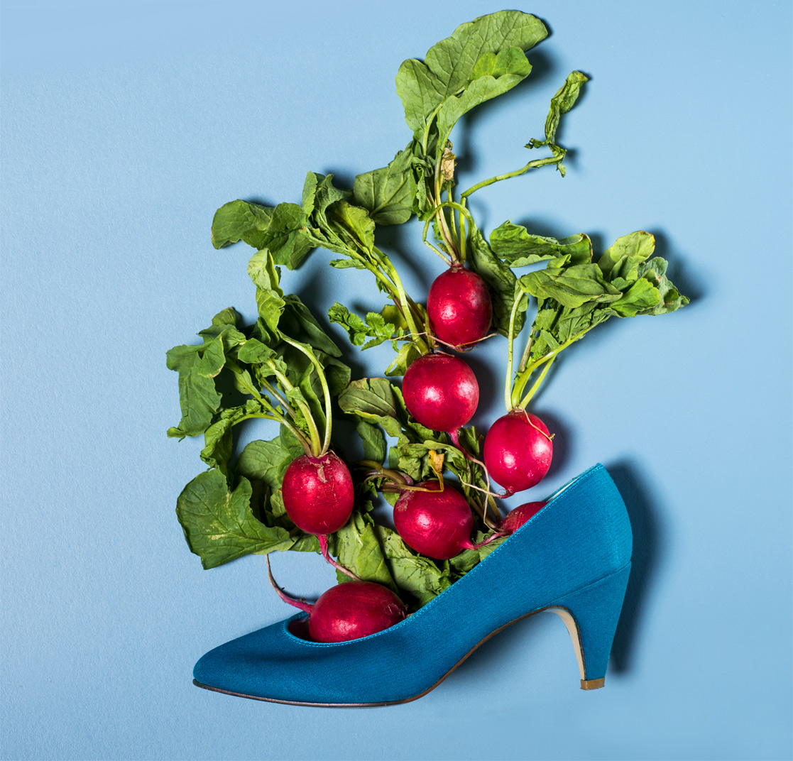 still life radish in blue shoes Raleigh product photography